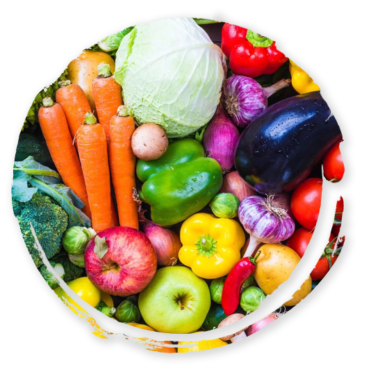 A circular picture of vegetables and fruits